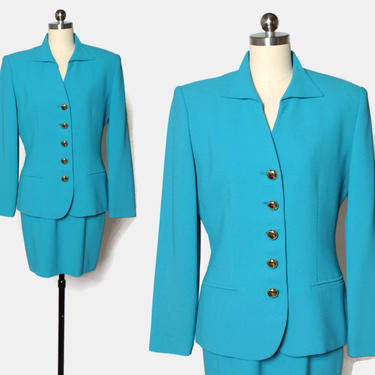 Vintage 90s DIOR Sky Blue Suit / 1990s Turquoise Wool Crepe Lightweight Blazer Jacket and Skirt Set by luckyvintageseattle