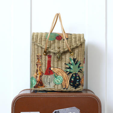 vintage 1950s original Midas of Miami straw handbag • novelty fruit & wine gold glittery basket purse 