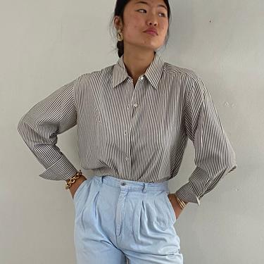 90s Ungaro silk blouse / vintage Emanuel Ungaro gray white pinstripe silk French cuffs minimalist blouse | M L 