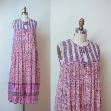 1970s Indian Gauze Dress / 70s Pink Purple Indian Cotton Sundress 