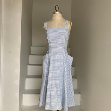1940s Striped Blue Button Back Sun Dress Handmade 34 Bust Vintage Small 