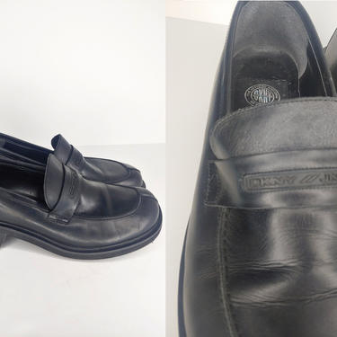 Vintage Y2K DKNY 8.5 Chunky Heel Black Leather Loafers - 2000 Millennium Slip On Heeled Loafters 
