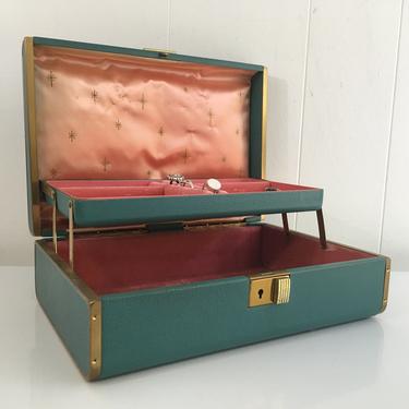Vintage Green Farrington Jewelry Box Red Rose Pink Gold Floral Case Vintage Velvet Vanity Retro Storage 1950s 