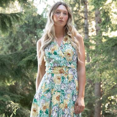 90s Sunflower Dress | Vintage Floral Wrap Dress | Jane Singer IRIS Garden Party Dress | Button Front Criss Cross Apron Dress 