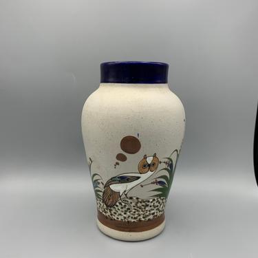 Vintage Tonala Vase with Blue Bird Motif 