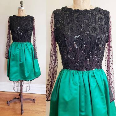 1960s Bill Blass Party Dress Black Sequins Dotted Lace Green Satin / 60s Mod Glam Designer Long Sleeved Dress / M / Clemence 