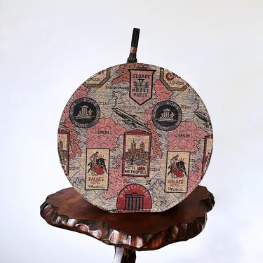 60s needlepoint train case, round hat box, tapestry novelty purse, spain, france, travel suitcase 