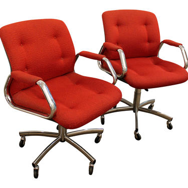 Pair of Mid-Century Danish Modern Red Chrome Steelcase Office Chairs on Wheels 