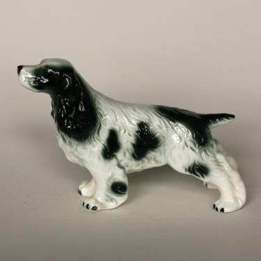 vintage ceramic english setter figurine black and white hunting dog 
