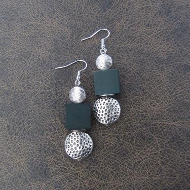 Wooden earrings, silver animal print earrings, Afrocentric earrings, mid century modern earrings, African earrings, bold statement, green 