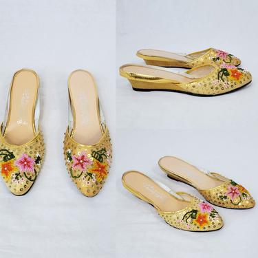 1960's Floral Beaded Gold Mesh Wedge Heel Slide Sandals I Sz Marked 11, Fits 9.5 