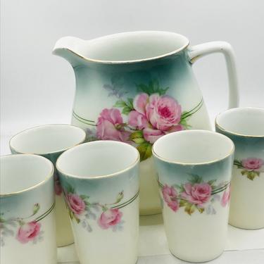 Antique  6 PC Pitcher and Tumbler Set- Porcelain- Hand Painted Roses - Prince Regent China Co. L.D.B. &amp; CO GERMANY' 