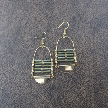 Brass ethnic earrings, chandelier earrings, statement earrings, chunky bold earrings, etched metal earrings, green beaded earrings 