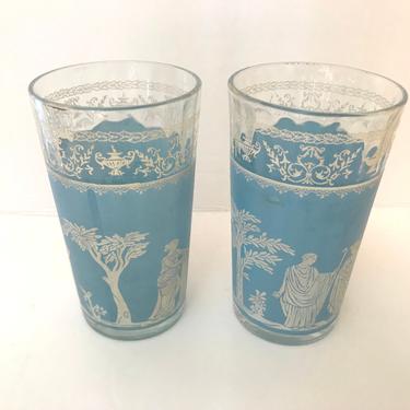 Vintage Jeannette Corinthian Blue Glass Tumblers (2), Greek Mediterranean Barware, Highball Cocktail Glasses 