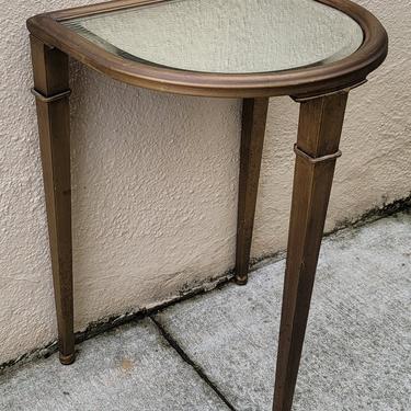 Vintage Postmodern Petite Demilune Bronzed Finish Glass Topped Metal Side Table