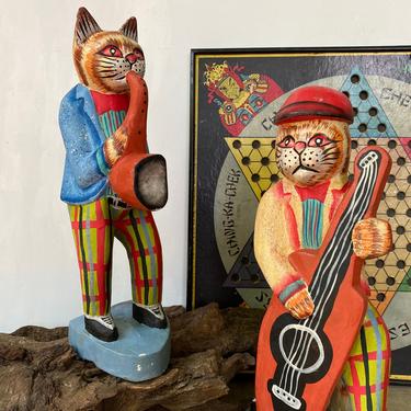 Vintage Anthropomorphic Wooden Cat Musicians, Folk Art Cats, Choice Sax Player, Double Bass Player, Hand Painted, Yellow Tabby Cats 