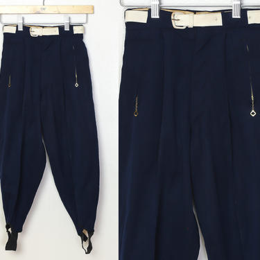 1940s Belted Stirrup Kids Ski Pants - Youth 7 | Vintage Navy Blue Wool High Waisted Winter Snowpants Trousers 