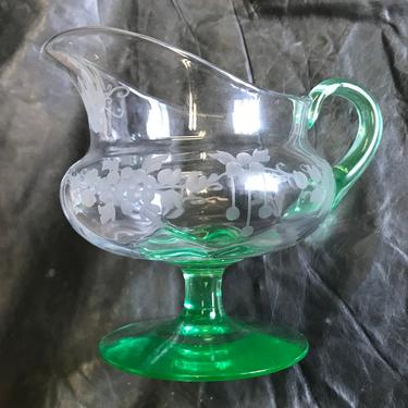 Hawkes Sugar and Creamer, clear cut with green base and handles 