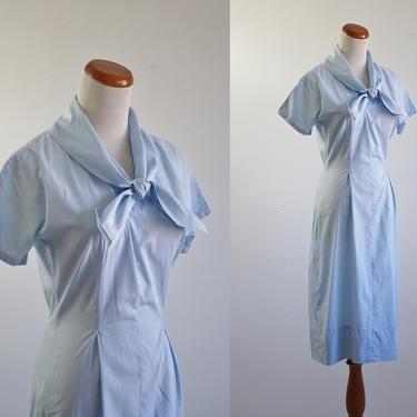 Vintage 50s Dress, Light Blue Cotton Dress, Pussybow Ascot Tie Dress, Short Sleeve Dress, 1950s Metal Zipper, Small Medium Bust 36 Waist 26 