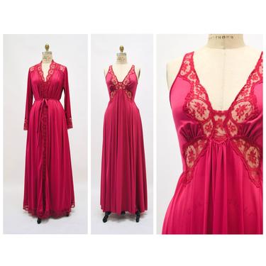 70s 80s Vintage Peignoir Nightgown Robe Olga Sleep Lace Slip Dress and Robe Pink Red Wedding Honeymoon Slip Camisole Dress Medium Large 