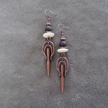 Long brutalist earrings, lava rock bold statement earrings, unique modern earrings, ethnic earrings, hammered copper earrings, exotic 