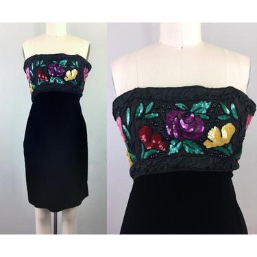 Vintage 80s LOUIS FERAUD Strapless Party Dress Black Velvet Floral Beaded Sequin Body Con XS 
