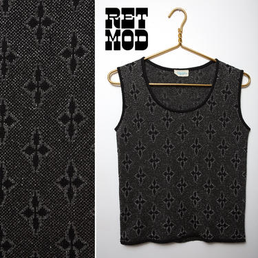 Vintage 70s Black &amp; Silver Metallic Lurex Cross Pattern Knit Tank Top Vest 