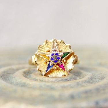Vintage 10K Gold Free Mason Eastern Star Ring, Blue Enamel & Colored Gemstones, Multi-Color Size 7 1/2 US 