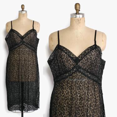 Vintage 50s Black Lace Slip / 1950s Van Raalte Nylon Dress Slip L - XL 