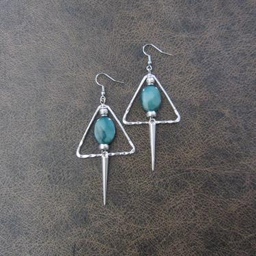 Shell earrings, blue green earrings, natural boho bohemian earrings, bold statement earrings, mother of pearl earrings, hammered silver 
