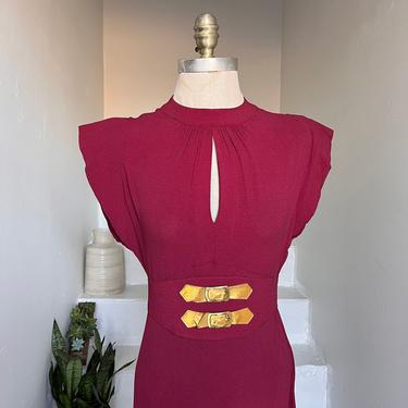 Old Hollywood Deep Plum Rayon Crepe Gown with Stunning Gold Belt Low Back Vintage 34&quot; Bust 