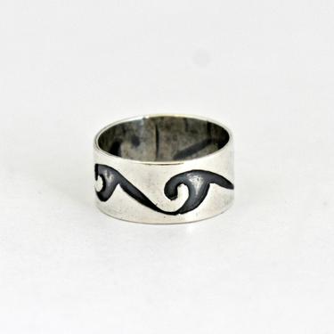 70's sterling ocean waves hippie surfer band, handcrafted oxidized 925 silver Hawaiian wave design beach boho ring, size 6.25 