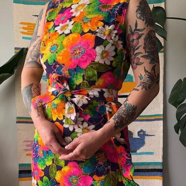 Vintage 60's Hawaiian dress / 1960's neon floral hawaiian maxi dress / barkcloth / Size XS by Ru