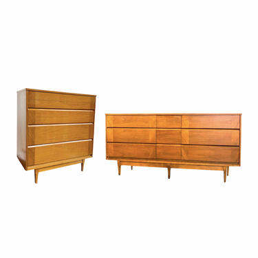 Free and Insured Shipping Within US - Vintage Mid Century Modern Dresser Cabinet Storage Drawers Pair (Tallboy And Lowboy) 