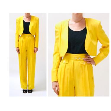 90s Vintage Yellow Suit By ESCADA Medium Yellow Cropped Bolero Jacket and High waisted Pants // Vintage 80s 90s Yellow Pantsuit Suit Medium 