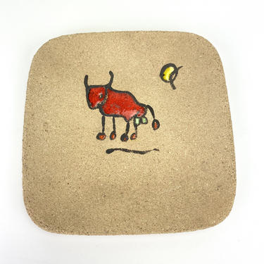 Vintage Picasso Style Bull Sandstone Pottery Trinket Dish Plate Mid Century Modern 