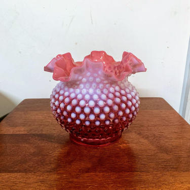 Vintage Fenton Glass Hobnail Cranberry Opalescent Double Crimped Vase 