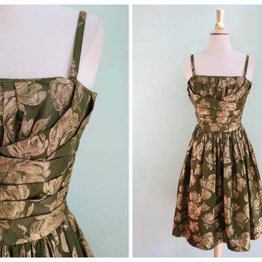 Vintage 1950's Green and Gold Rose Brocade Party Dress | Size Extra Small 