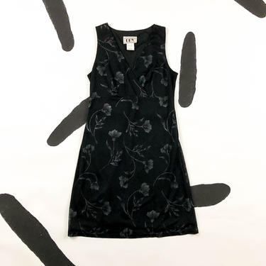 90s Black and Silver Glitter Floral Mini Dress / Tank Dress / Wrap Front / Overlay / Sheer / DBY / Medium / Delias / Grunge / Goth / M / 