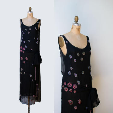 1920s Style Silk Beaded Gown / 1990s Viviana Uchitel Black Dress 