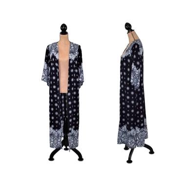 Rayon Kimono Robe Long Cardigan Duster Maxi Cover Up Block Print Navy Blue White Festival Bohemian Hippie Clothes Boho Clothing Women Small 