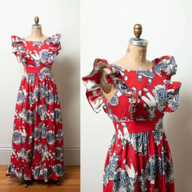 1970s Ruffled Dress | 70s Raggedy Ann & Andy Novelty Print Dress Anne Fogarty 
