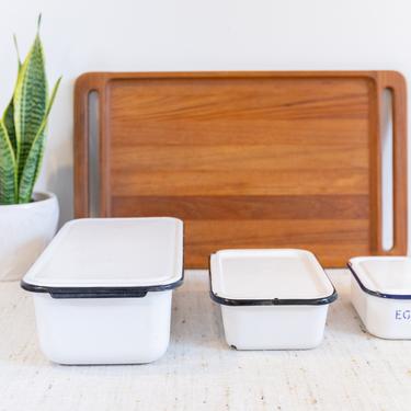 Set of 3 Vintage White Enamel Rectangular Canisters with Navy Blue Stripe and Original Lids 