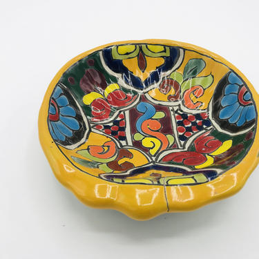 Vintage  Hand Painted small Pottery Salsa Bowl signed  Vazquez Mexico- Bright Floral Design- 5 1/2&quot; 