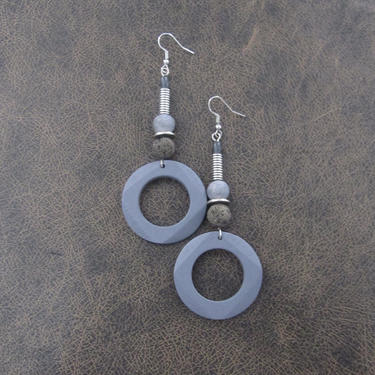 Large wooden earrings, Gray stone,  geometric earrings, modern earrings, minimalist earrings, statement earrings, unique, bold 