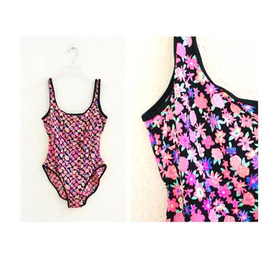 80s 90s Vintage NEON High Cut Swim Suit size Medium NEON Floral Print Swimsuit One Piece Neon Pink black Flowers 