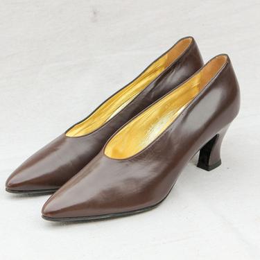 Vintage 90s Escada Chocolate Brown, Butter Soft Leather Flare Heeled Pumps | Made in Italy | UNWORN | 1990s Designer Rounded Vamp Heels 