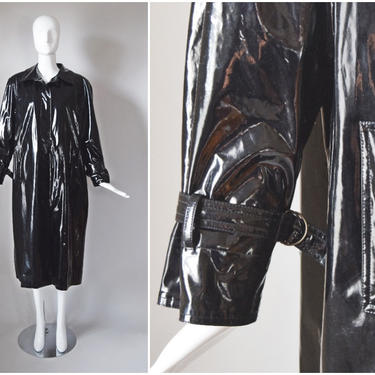 vtg 90s Gantos black pleather trench coat with full removable flannel lining | y2k 1990s | size Medium M vinyl rain jacket raincoat 