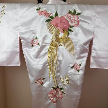 Vintage 1960's Floral Crane Kimono / 70s Embroidered Robe M/L 