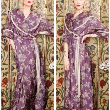 1910s Edwardian Dress // Purple Floral Silk Wrap Dress // antique Edwardian gown 
